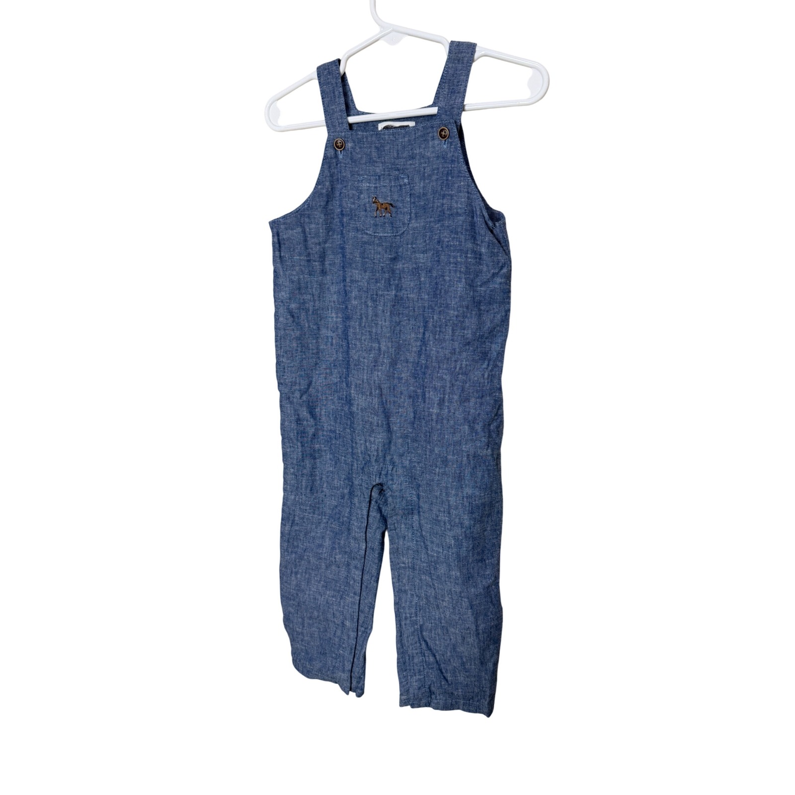 Janie And Jack Blue Linen Cotton Horse Embroidered Overalls 18-24 Months